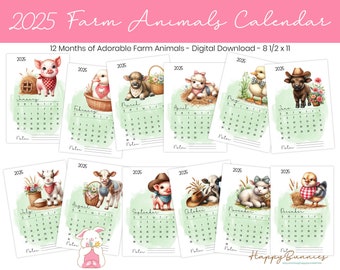 2025 Printable Farm Animals Calendar, 2025 Printable Calendar, 2025 Farm Animals Calendar Printable, Instant Download Printable Calendars