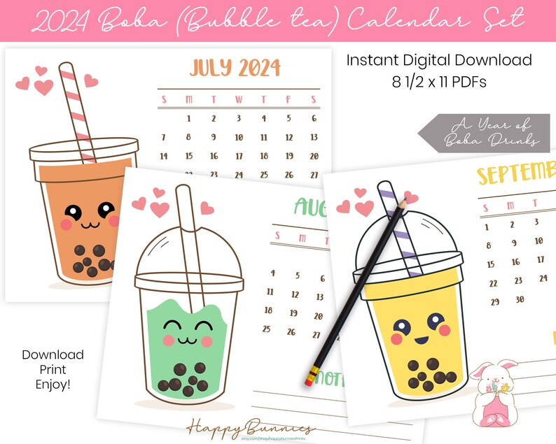 2024 Printable Boba Drink Calendar, 2024 Printable Boba Calendar, 2024