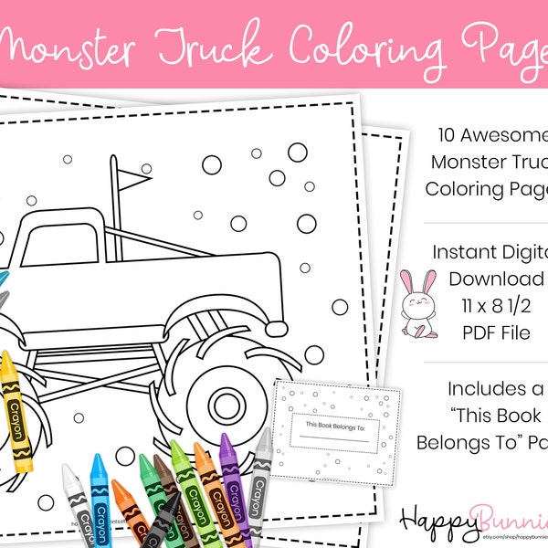 Monster Truck Coloring Pages, Set of 10, Monster Truck Printables, Monster Truck Activities, Printable Coloring Pages, Instant Download