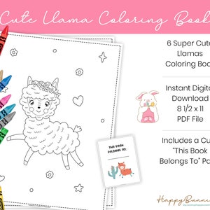 Cute Llama Coloring Book, Set of 6, Llama Coloring Pages, Kids Coloring Pages, Instant Download, Printable Coloring Pages