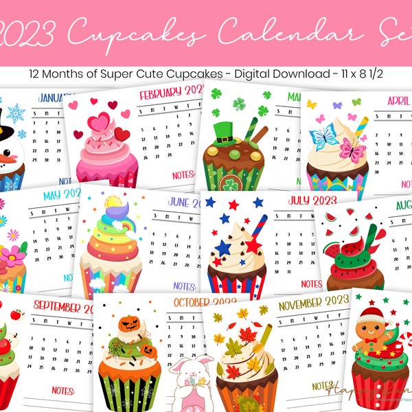 2023 Printable Cupcakes Calendar, 2023 Printable Cupcakes Calendar, 2023 Cupcakes Calendar Printable, Instant Download Printable Calendars