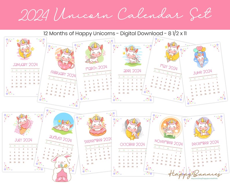 2024 Printable Unicorn Calendar, 2024 Printable Calendar, 2024 Unicorn