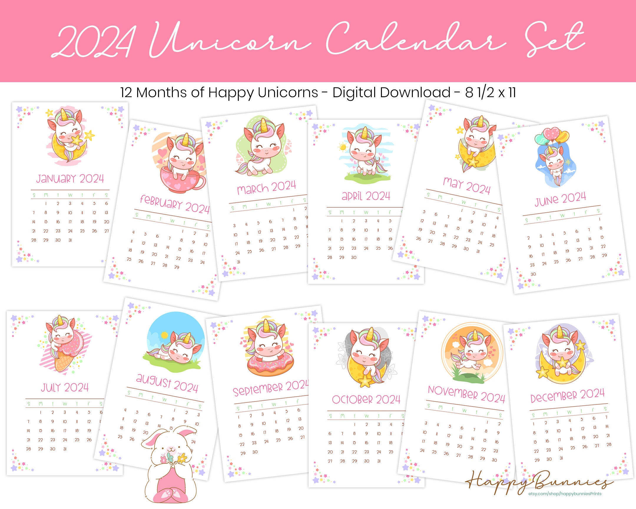 2024 Printable Unicorn Calendar, 2024 Printable Calendar, 2024 Unicorn ...
