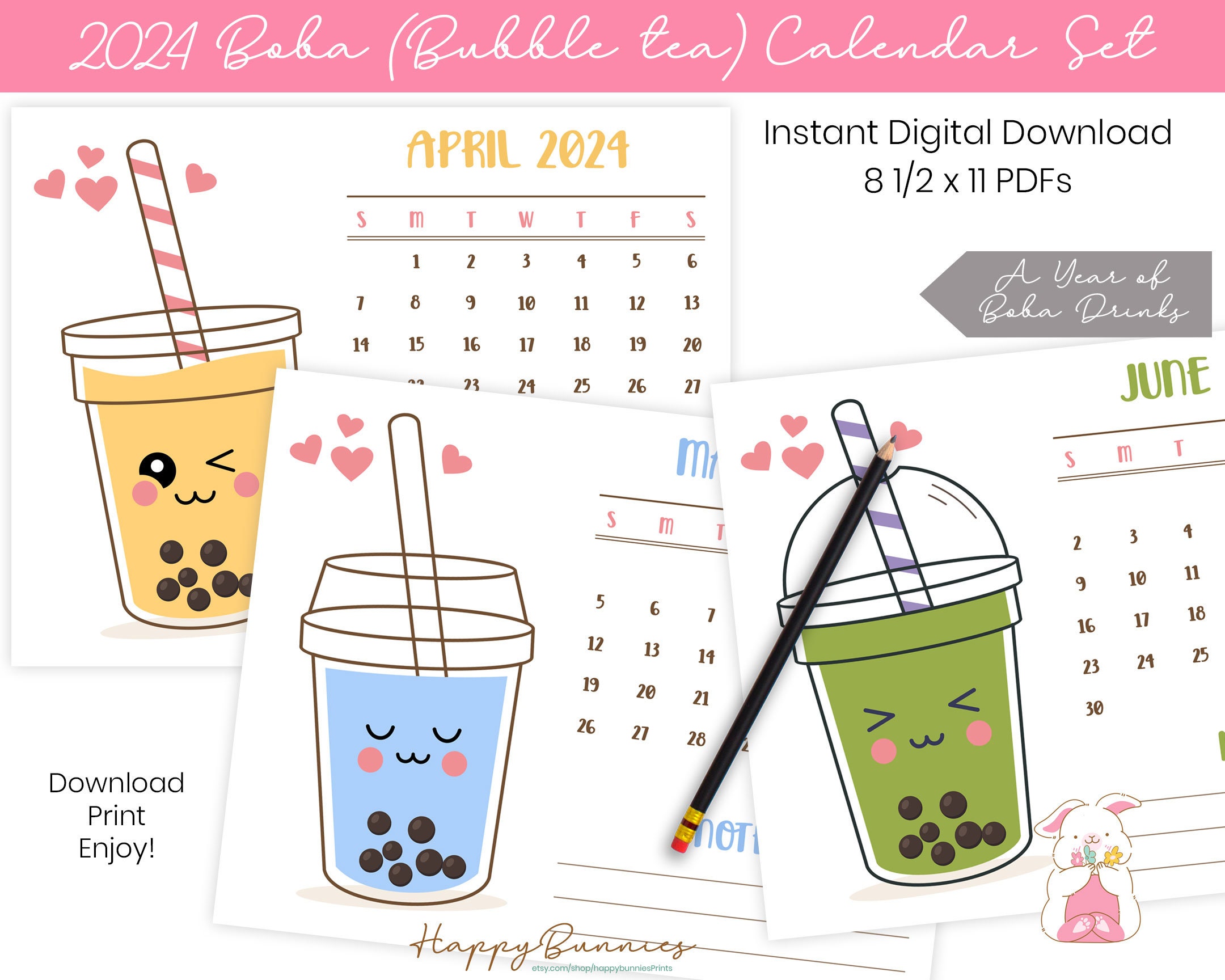 2024 Printable Boba Drink Calendar, 2024 Printable Boba Calendar, 2024