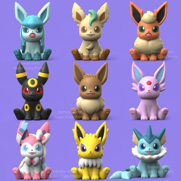 Chibi Eeveelution: Eevee, Jolteon, Vaporeon, Flareon, Espeon, Umbreon, Leafeon, Glaceon, & Sylveon (Full Color) (3D Printed)