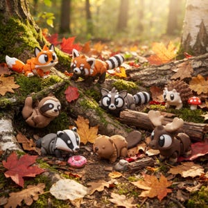 May include: A collection of small, stylized animal figurines including a fox, red panda, sloth, raccoon, hedgehog, badger, beaver, and moose. The figures are arranged on a forest floor covered with fallen autumn leaves, mossy logs, and a small pink donut.