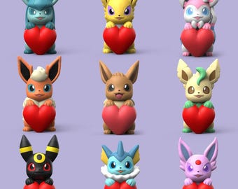 Eeveelution Valentine Pokemon Figure, 3D Printed Heart Chibi Gift