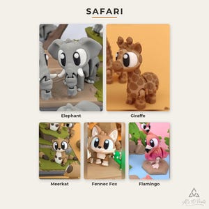 以下が含まれることがあります： SAFARIとラベル付けされた5つの3Dプリント動物フィギュアのコレクション。灰色のゾウ、茶色の斑点のあるキリン、茶色のミーアキャット、ベージュのフェネックギツネ、ピンクのフラミンゴが含まれており、それぞれ大きな白い目と関節のある手足が特徴です。