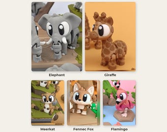 Könnte beinhalten: Eine Sammlung von fünf 3D-gedruckten Tierfiguren mit der Aufschrift SAFARI, bestehend aus einem grauen Elefanten, einer braun gefleckten Giraffe, einem braunen Erdmännchen, einem beigen Wüstenfuchs und einem rosa Flamingo, alle mit großen weißen Augen.