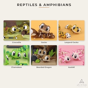 Könnte beinhalten: Eine Sammlung von sechs 3D-gedruckten, beweglichen Tierfiguren mit der Aufschrift REPTILES & AMPHIBIANS. Das Set enthält ein grünes Krokodil, einen braunen Gecko, einen gelb-schwarz gefleckten Leopardgecko, ein grünes Chamäleon, eine braune Bartagame und einen rosa Axolotl.