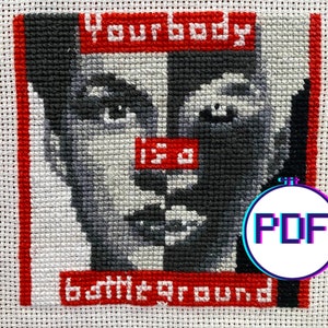 Barbara Kruger Untitled (Your Body is a Battleground) Mini Modern Art Cross Stitch Pattern PDF Download