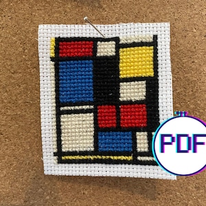 May include: A cross-stitch pattern of a geometric abstract painting with squares in red, yellow, blue, black, and white.