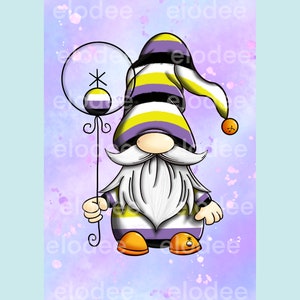 Niet-binaire gnome-illustraties met paarse splatterachtergrond | Sublimatie | PNG | Gonk | Trotsmaand | Digitaal ontwerp downloaden | LGBTQ+