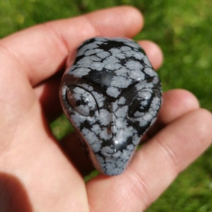 Peut inclure: Une sculpture de tête d'extraterrestre en obsidienne flocon de neige noire et blanche. La sculpture est sculptée en forme de tête d'extraterrestre avec de grands yeux et un visage détaillé.