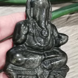Engraving Elephant God Ganesh; god who removes obstacles / Golden Obsidian / Golden Obsidian, natural volcanic stone sculpture