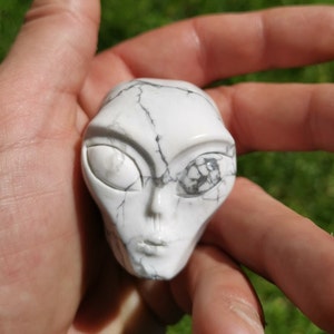 Peut inclure: Sculpture de tête d'extraterrestre en howlite blanche. La sculpture présente des détails précis, notamment des yeux, un nez et une bouche.