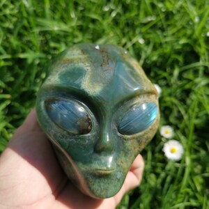 May include: Green alien head sculpture carved from labradorite with iridescent blue eyes. The sculpture is held in a hand against a green grass background.