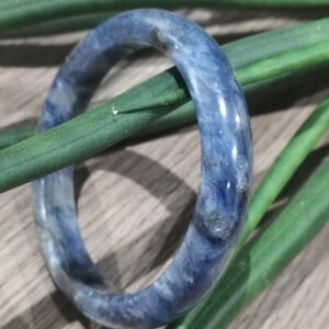 Könnte beinhalten: Ein blau-weiß marmoriertes Steinarmband. Das Armband ist ein durchgehender Kreis mit polierter Oberfläche. Das Armband liegt auf einem Bett aus grünen Blättern, mit einer Holzoberfläche im Hintergrund.