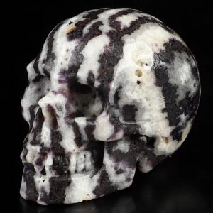 Peut inclure: Un crâne humain sculpté en fluorite noir et blanc avec des accents violets. Le crâne est détaillé et présente un motif rayé.