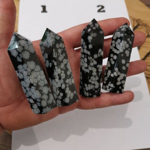 May include: Four black and white snowflake obsidian crystal points, labeled 1 and 2, are displayed on a white surface.