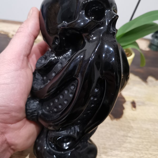 Obsidienne NOIR  , Crâne de cristal 7 pouce   taillé Type Poulpe  " David Jones "  Pirates des caraïbes Crystal Skull