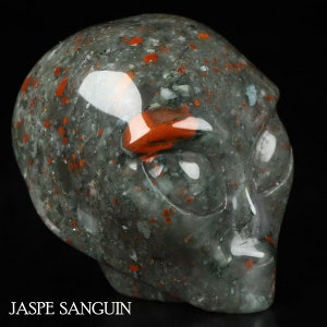 Peut inclure: Un crâne d'alien vert, rouge et blanc sculpté dans du jaspe. Le crâne a un visage détaillé avec de grandes orbites et un nez proéminent.