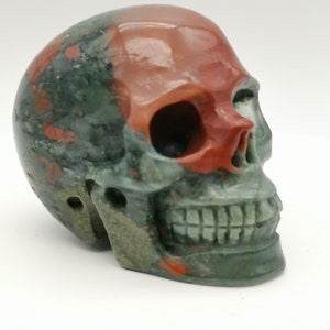 Peut inclure: Un crâne en pierre sculptée avec une finition polie. Le crâne présente un mélange de couleurs, notamment du rouge, du vert et du gris. Les orbites et la cavité nasale sont visibles, et les dents sont détaillées.