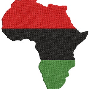 May include: An outline of the continent of Africa in the shape of a flag with red, black, and green horizontal stripes.