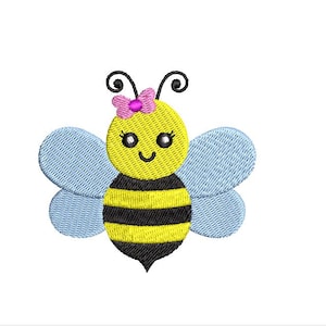 May include: A cute cartoon bee with a yellow body, black stripes, and blue wings. The bee has a pink bow on its head and a smiling face.