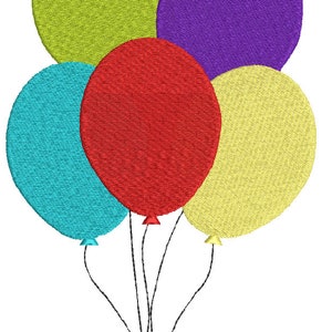 May include: Five colourful balloons tied together with a red bow. The balloons are yellow, green, purple, red, and blue.