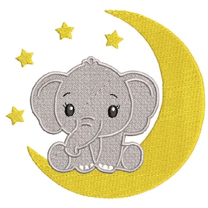 Motif de broderie bébé éléphant, lune et étoiles