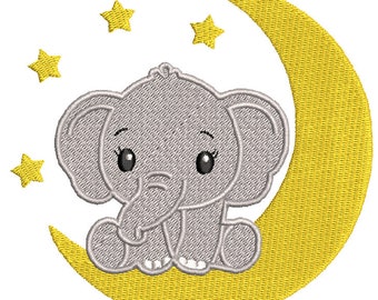 Diseño de bordado de luna y estrellas de elefante bebé