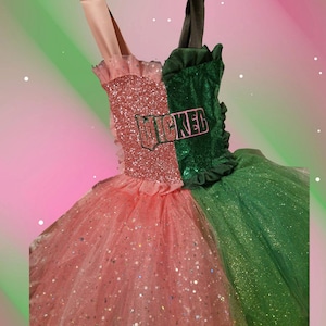 May include: A split-color tutu dress, half pink and half green, with a sparkly bodice and tulle skirt. The word "WICKED" is displayed on the bodice. The dress has pink and black straps.