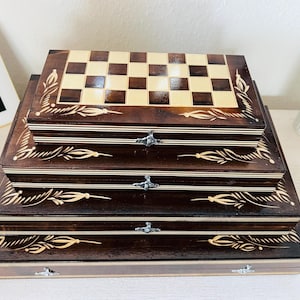 Chess/Backgammon/Checkers 3 in 1 Game Board / Chessboard, Wooden Carved Handmade Games