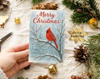 Printable Cardinal Christmas Card: Watercolor Red Bird Art (PDF)