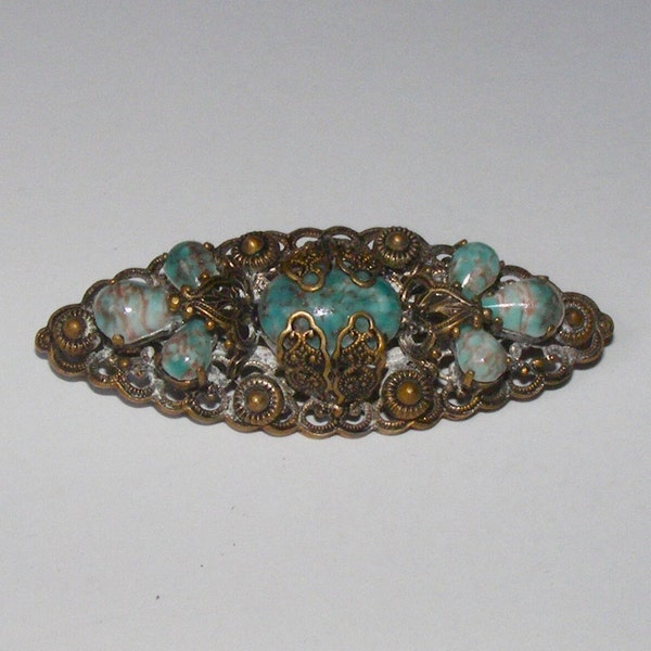 Antique 1920s Glass Turquoise Style Bead Silver Metal Filigree Brooch