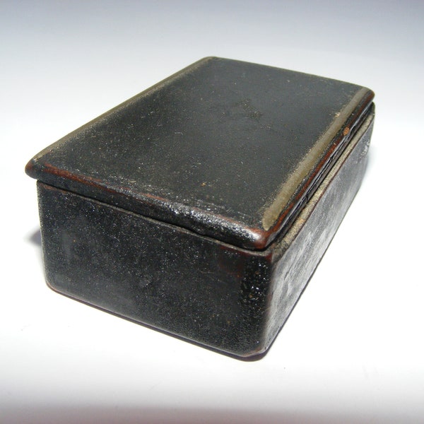 Antique Victorian Black Snuff Box with Silver Tone Decoration Papier Mache Lacquer