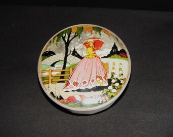 Vintage 1940s Gwenda Powder Jar Milk Glass Foil Crinoline Lady with Powder Puff