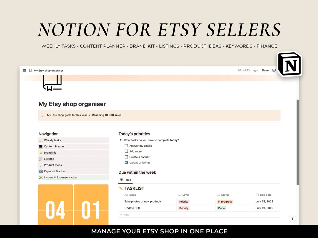 Etsy Shop Management Notion , Etsy Seller Digital Planner, Planner for