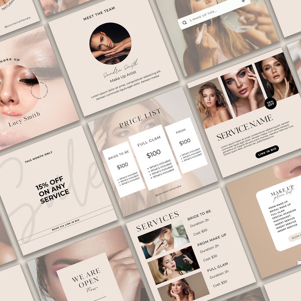 MUA Instagram Templates, Makeup Artist Instagram Posts, Beauty Salon Templates, Luxury Makeup Artist Instagram Posts, Estheticia Template