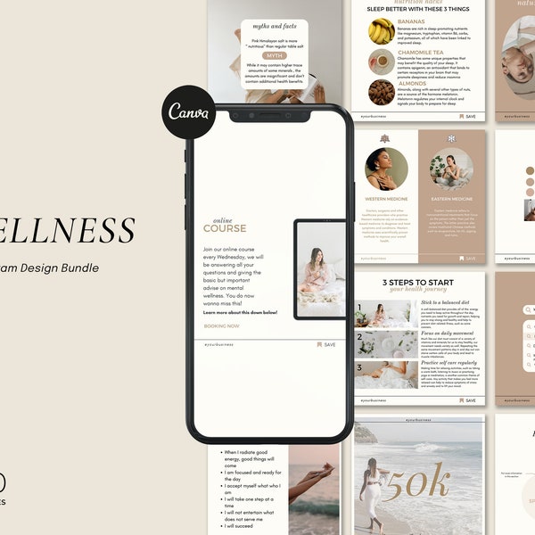 Health and Wellness Instagram Templates  , Neutral Canva Wellness Template, Health Coach and Blogger Template Bundle, Insta Post and Story