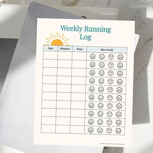 May include: A Weekly Running Log on a white paper with a sun graphic and the text "Weekly Running Log". The log includes sections for date, distance, time, and how it felt, with smiley and frowny face options.