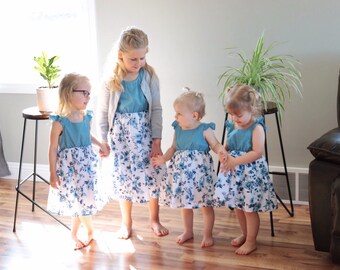 Blue Floral Dress | Tiered Skirt | Butterfly Sleeves | Lined Dress | Spring and Summer | Photoshoot | Baby and Girls Dress | Matching Outfit