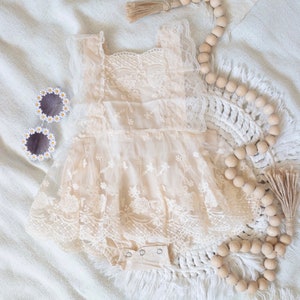 Boho Lace Romper Baby Girl Dress Linen and Lace Photoshoot Birthday Baby Shower Retro Fashion Bodysuit Cake Smash Outfit image 1