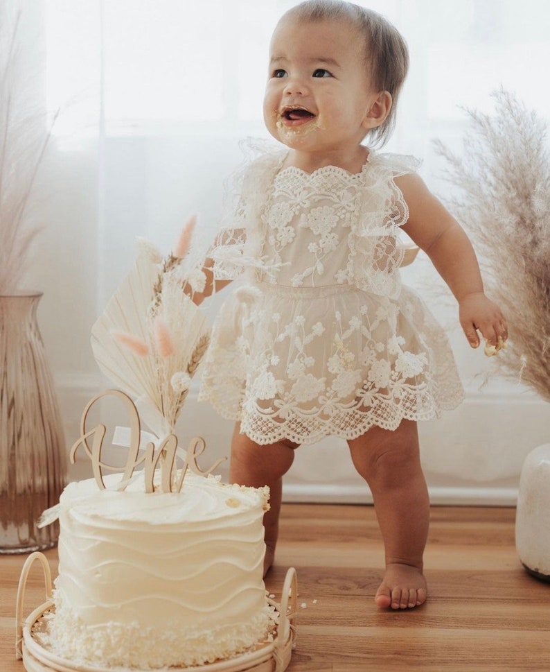 Boho Lace Romper Baby Girl Dress Linen and Lace Photoshoot Birthday Baby Shower Retro Fashion Bodysuit Cake Smash Outfit image 6