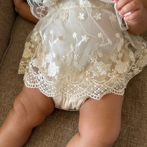 Boho Lace Romper Baby Girl Dress Linen and Lace Photoshoot Birthday Baby Shower Retro Fashion Bodysuit Cake Smash Outfit image 7