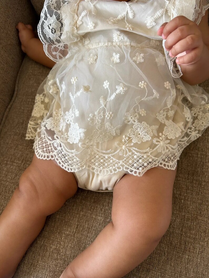 Boho Lace Romper Baby Girl Dress Linen and Lace Photoshoot Birthday Baby Shower Retro Fashion Bodysuit Cake Smash Outfit image 7