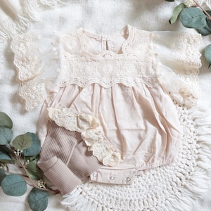 Boho Linen Romper | Lace Bubble Romper | Neutral | Natural Cotton | Retro | Photoshoot | Birthday Gift | Baby Shower | Cake Smash Outfit |