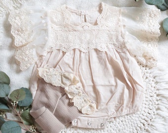 Boho Linen Romper | Lace Bubble Romper | Neutral | Natural Cotton | Retro | Photoshoot | Birthday Gift | Baby Shower | Cake Smash Outfit |