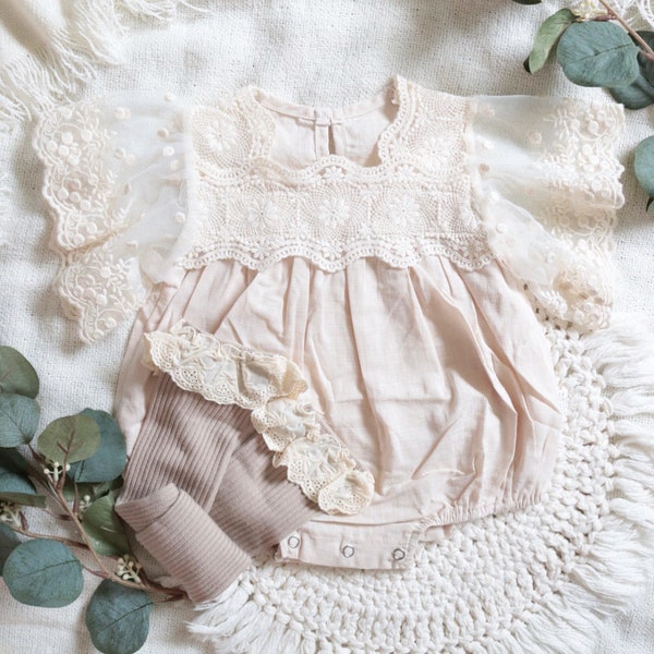 Boho Linen Romper | Lace Bubble Romper | Neutral | Natural Cotton | Retro | Photoshoot | Birthday Gift | Baby Shower | Cake Smash Outfit |